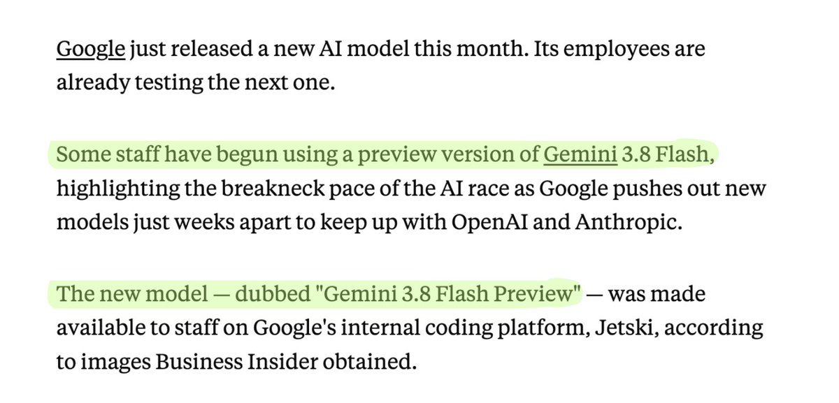 Screenshot reporting internal access to Gemini 3.8 Flash Preview on Jetski